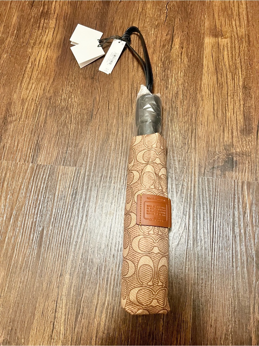 Coach Tan Signature Print Compact Umbrella with Saddle Patch